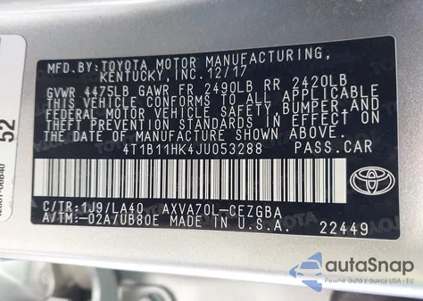 2018 Toyota Camry Xle из США, поврежденный, VIN 4T1B11HK4JU053288